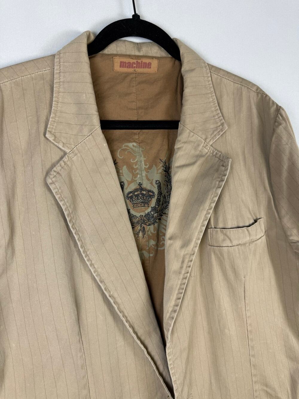 Machine Y2K Tan Pinstripe Blazer XL Crown Graphic Lined Distressed Cotton